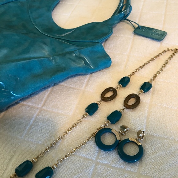 Neiman Marcus shiny teal beach bag tote - Picture 5 of 7